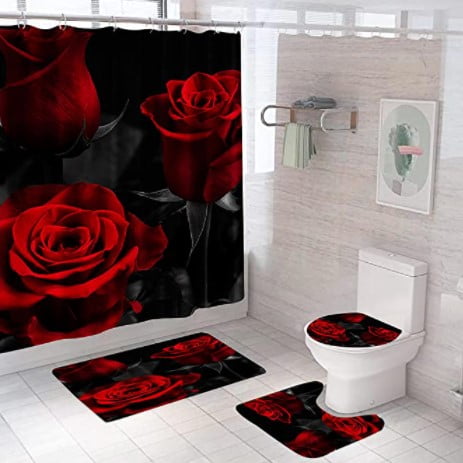 teenage girl bathroom ideas: 4PCS Classic Red Roses Shower Curtain Sets with Rugs